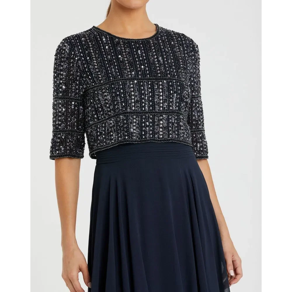 Mac Duggal NEW Chiffon Gown w/ Fully Beaded 3/4 Sleeve Top Navy $598 - Size‎ 18 - Picture 5 of 13